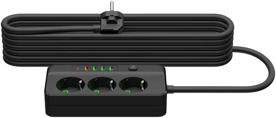 Blow PS-350Z Maitinimo prailginimo kabelis su 3 lizdais, 4xUSB+USB-PD, 5m, juodas, 3x1mm