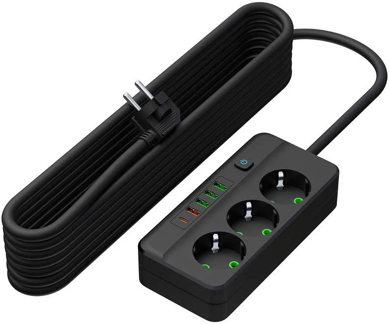 Blow PS-350Z Maitinimo prailginimo kabelis su 3 lizdais, 4xUSB+USB-PD, 5m, juodas, 3x1mm
