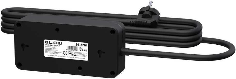 Blow PS-350Z Maitinimo prailginimo kabelis su 3 lizdais, 4xUSB+USB-PD, 3m, juodas, 3x1mm