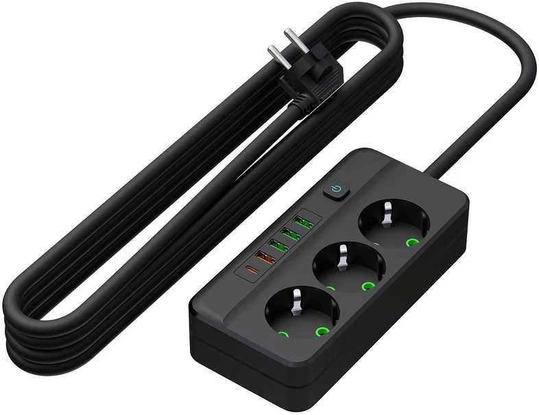 Blow PS-350Z Maitinimo prailginimo kabelis su 3 lizdais, 4xUSB+USB-PD, 3m, juodas, 3x1mm