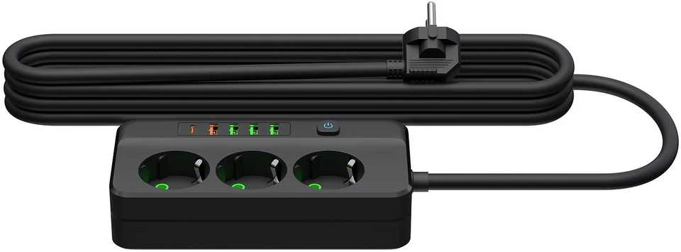 Blow PS-350Z Maitinimo prailginimo kabelis su 3 lizdais, 4xUSB+USB-PD, 3m, juodas, 3x1mm