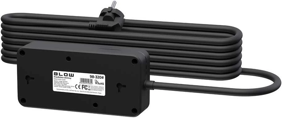 Blow PS-350Z Maitinimo prailginimo kabelis su 3 lizdais, 4xUSB+USB-PD, 5m, juodas, 3x1mm