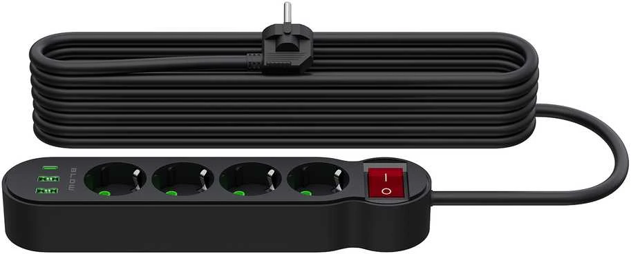 Blow PS-440 maitinimo prailginimo kabelis su 4 lizdais, 2xUSB+USB-C, 5m, juodas, 3x1mm