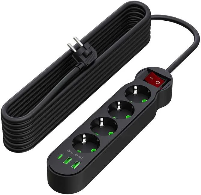 Blow PS-440 maitinimo prailginimo kabelis su 4 lizdais, 2xUSB+USB-C, 5m, juodas, 3x1mm