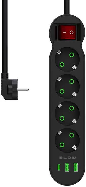 Blow PS-440 maitinimo prailginimo kabelis su 4 lizdais, 2xUSB+USB-C, 5m, juodas, 3x1mm