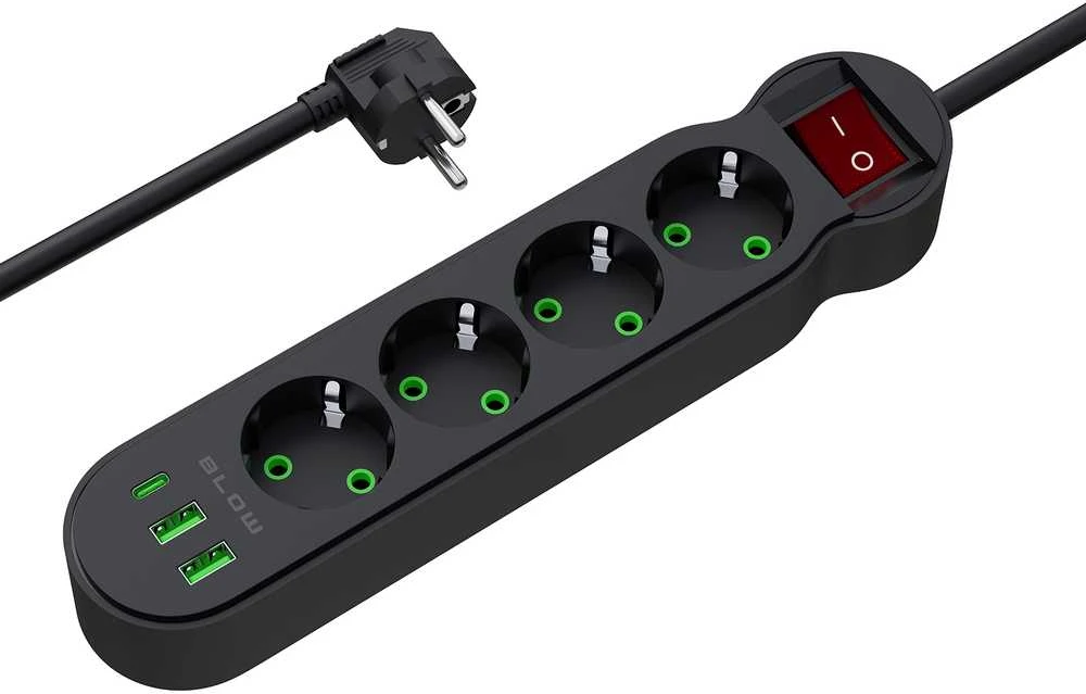 Blow PS-440 maitinimo prailginimo kabelis su 4 lizdais, 2xUSB+USB-C, 5m, juodas, 3x1mm