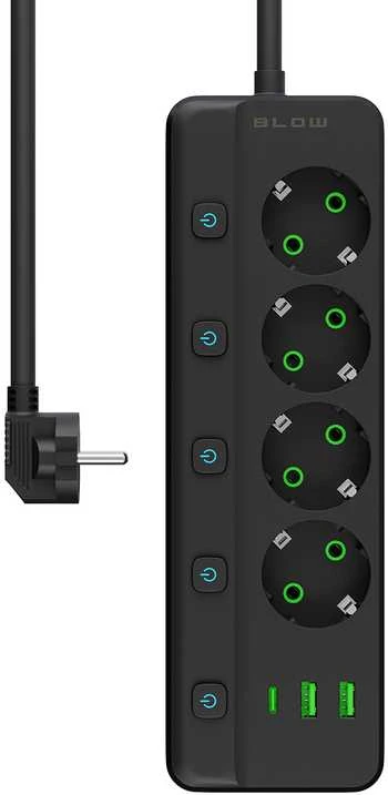 Blow PS-450M maitinimo prailginimo kabelis su 4 lizdais, 2xUSB+USB-C, 3m, juodas, 3x1mm