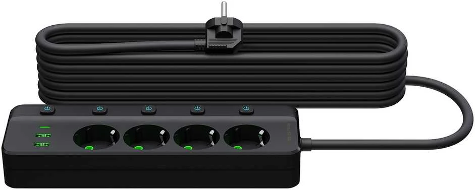 Blow PS-450M maitinimo prailginimo kabelis su 4 lizdais, 2xUSB+USB-C, 5m, juodas, 3x1mm