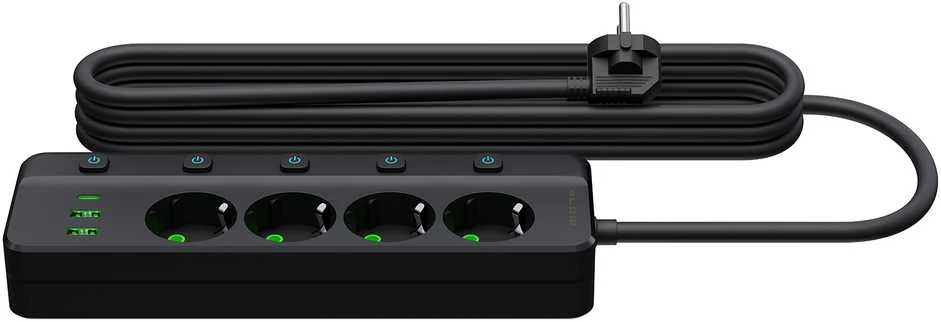 Blow PS-450M maitinimo prailginimo kabelis su 4 lizdais, 2xUSB+USB-C, 3m, juodas, 3x1mm