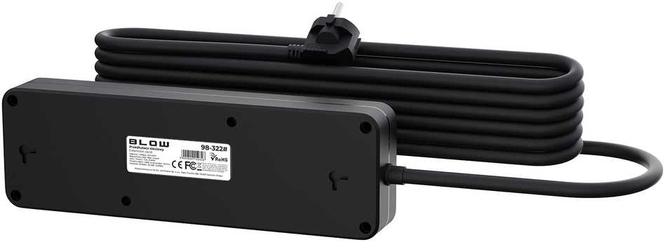 Blow PS-450M maitinimo prailginimo kabelis su 4 lizdais, 2xUSB+USB-C, 5m, juodas, 3x1mm