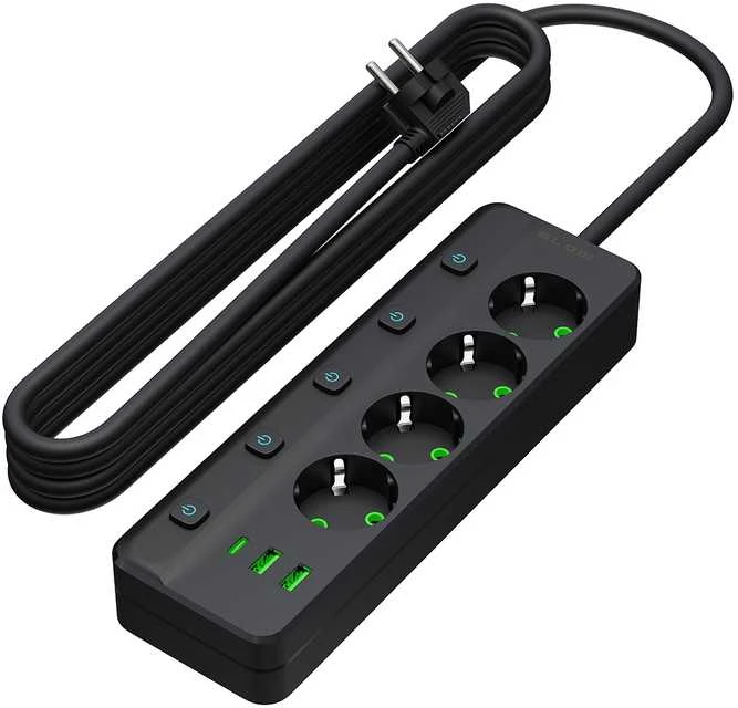 Blow PS-450M maitinimo prailginimo kabelis su 4 lizdais, 2xUSB+USB-C, 3m, juodas, 3x1mm