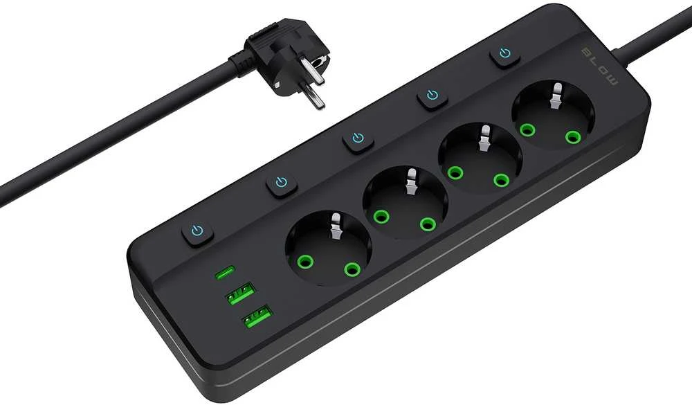 Blow PS-450M maitinimo prailginimo kabelis su 4 lizdais, 2xUSB+USB-C, 5m, juodas, 3x1mm