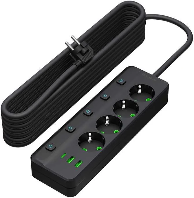 Blow PS-450M maitinimo prailginimo kabelis su 4 lizdais, 2xUSB+USB-C, 5m, juodas, 3x1mm