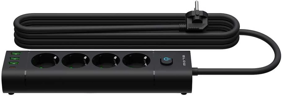 Blow PS-450T 4 lizdų maitinimo prailginimo kabelis 3xUSB+USB-PD 3m juodas 3x1mm