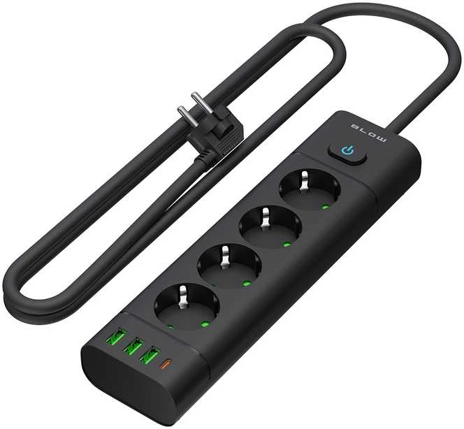 Blow PS-450T 4 lizdų maitinimo prailginimo kabelis 3xUSB+USB-PD 1.5m juodas 3x1mm