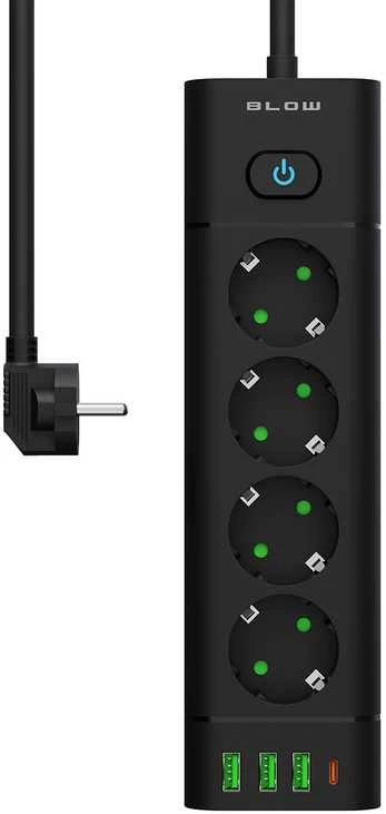 Blow PS-450T 4 lizdų maitinimo prailginimo kabelis 3xUSB+USB-PD 1.5m juodas 3x1mm