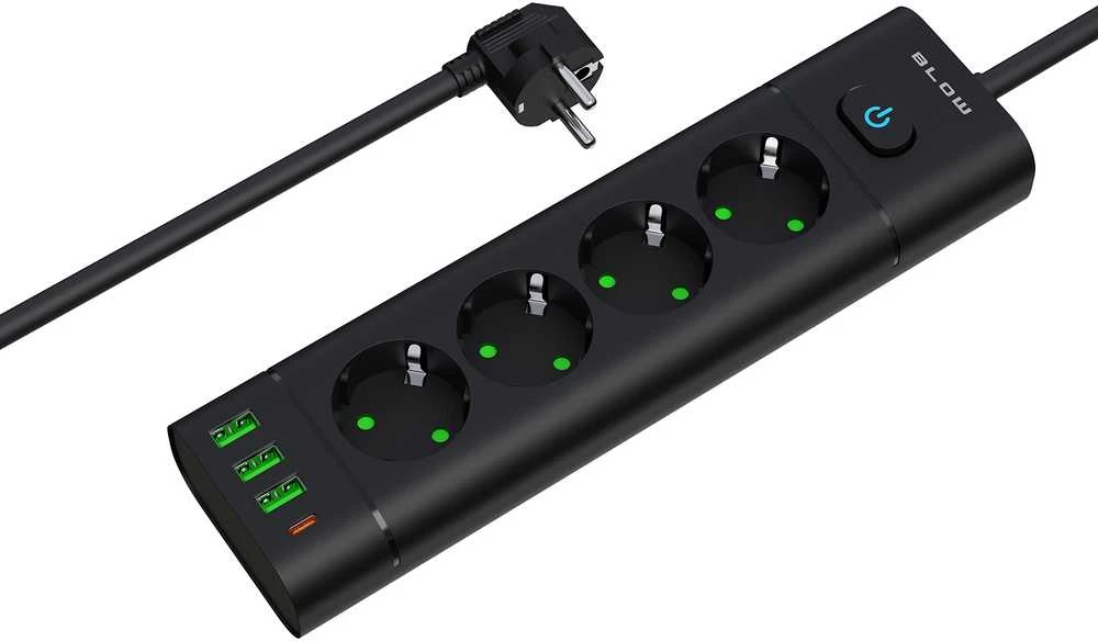 Blow PS-450T 4 lizdų maitinimo prailginimo kabelis 3xUSB+USB-PD 3m juodas 3x1mm