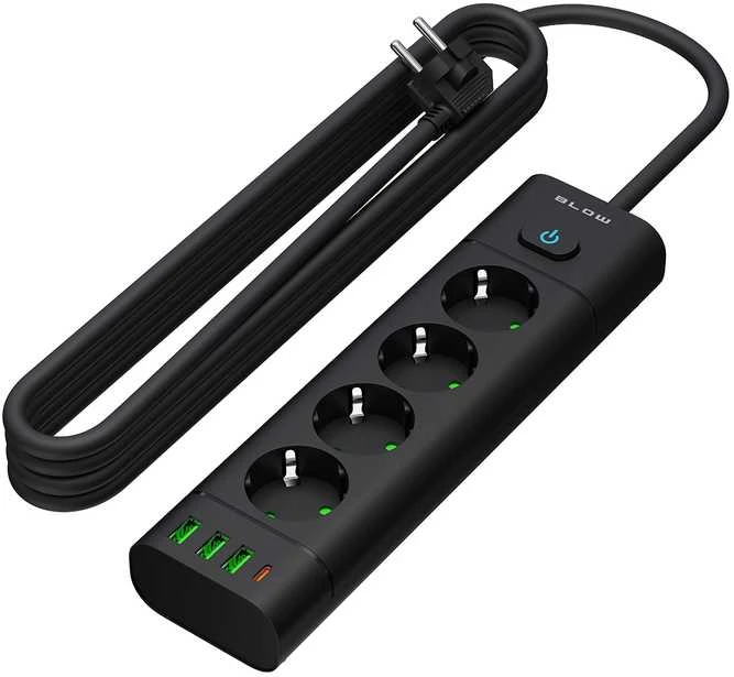 Blow PS-450T 4 lizdų maitinimo prailginimo kabelis 3xUSB+USB-PD 3m juodas 3x1mm