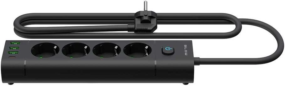 Blow PS-450T 4 lizdų maitinimo prailginimo kabelis 3xUSB+USB-PD 1.5m juodas 3x1mm