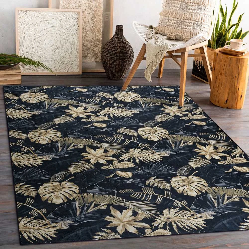 Style Kilimėlis ARLEN LEAVES4 spalvos juodas daržovių stiliaus tropinis 80x150 Hakano