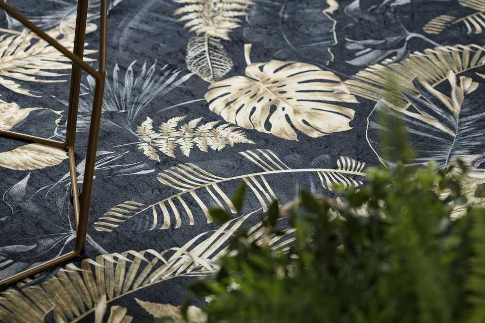 Style Kilimėlis ARLEN LEAVES4 spalvos juodas daržovių stiliaus tropinis 160x220 Hakano