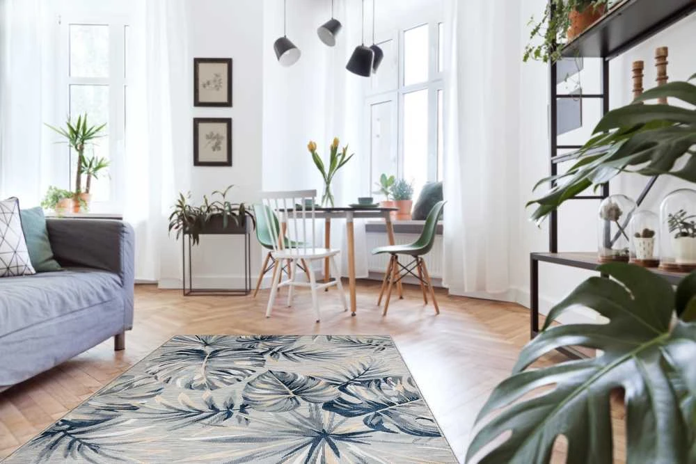 Style Kilimėlis ORLA MONSTERA 2 spalvų pilkas daržovių tropinio stiliaus 157x220 Hakano