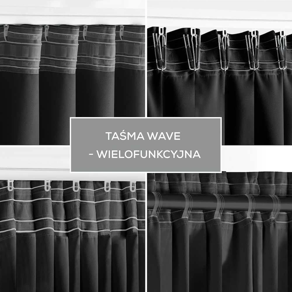 RESTILO zasłona BLACKOUT spalva juoda szarfa upinająca styl klasyczny taśma materiał blackout 140x245