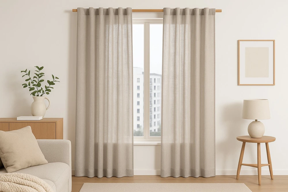 RESTILO VALETA curtain, cappuccino colour, plain, modern boho style, multipurpose tape, linen-effect fabric, 140 x 245 cm