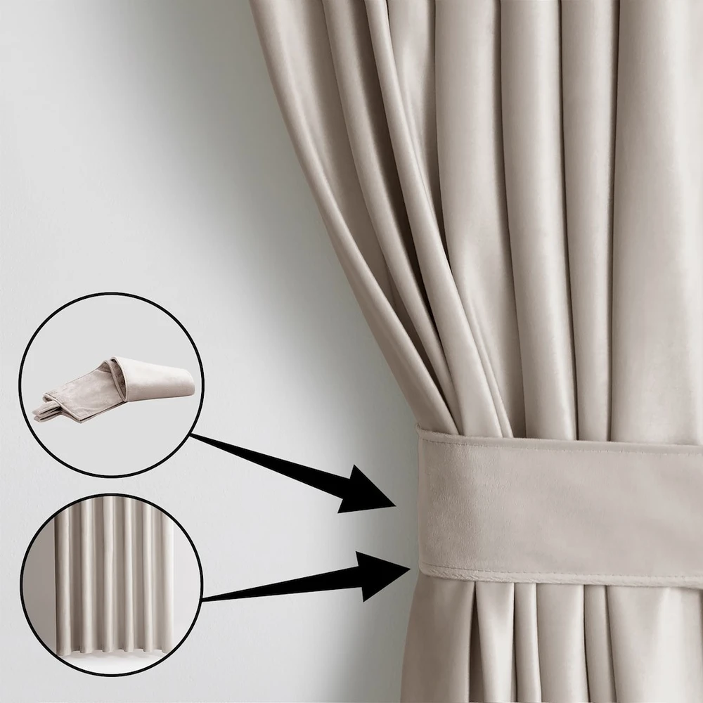 RESTILO VELVET curtain — warm beige, plain and glamorous, tie-back sash, glamour style, multifunctional tape, material: velvet, 140 x 230 cm