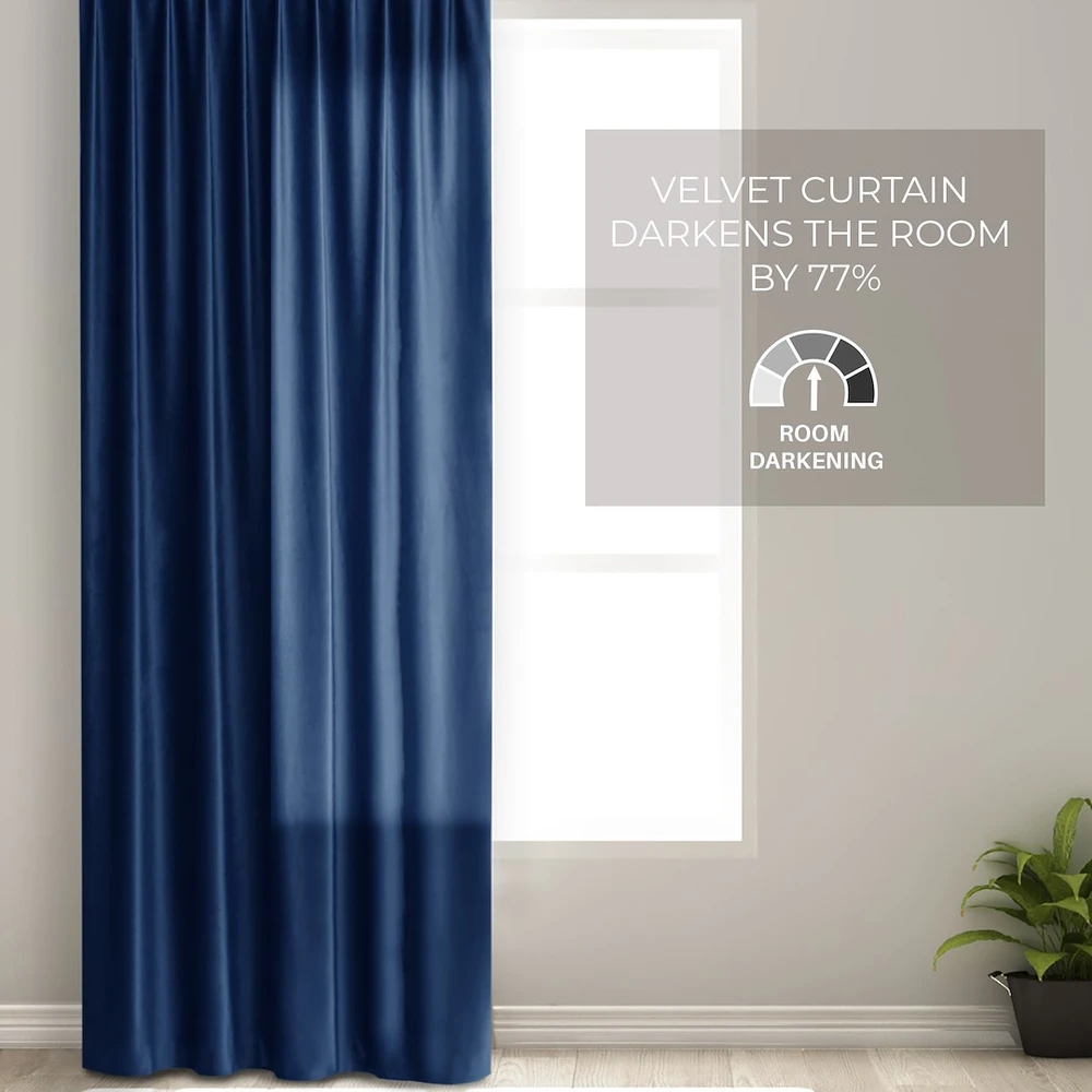 Naktinė užuolaida AmeliaHome VELVET 140X270 cm, 1 vnt., juosta/kabliukai, spalva: tamsiai mėlyna