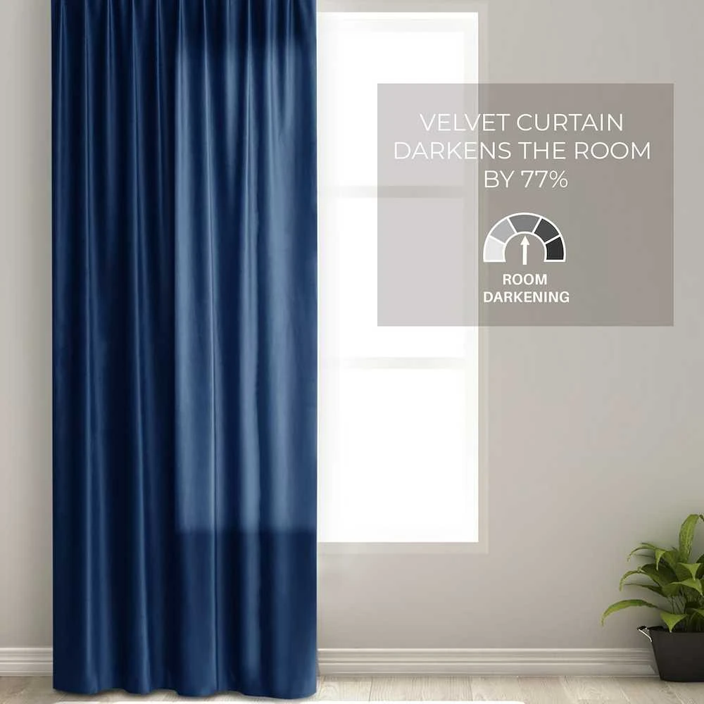 Naktinė užuolaida AmeliaHome VELVET 140X245 cm, 1 vnt., juosta/kabliukai, spalva: tamsiai mėlyna