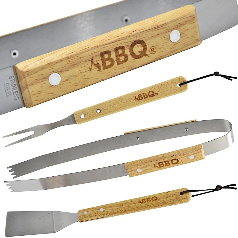 Bbq Line 3 dalių grilio įrankių rinkinys su medinėmis rankenomis