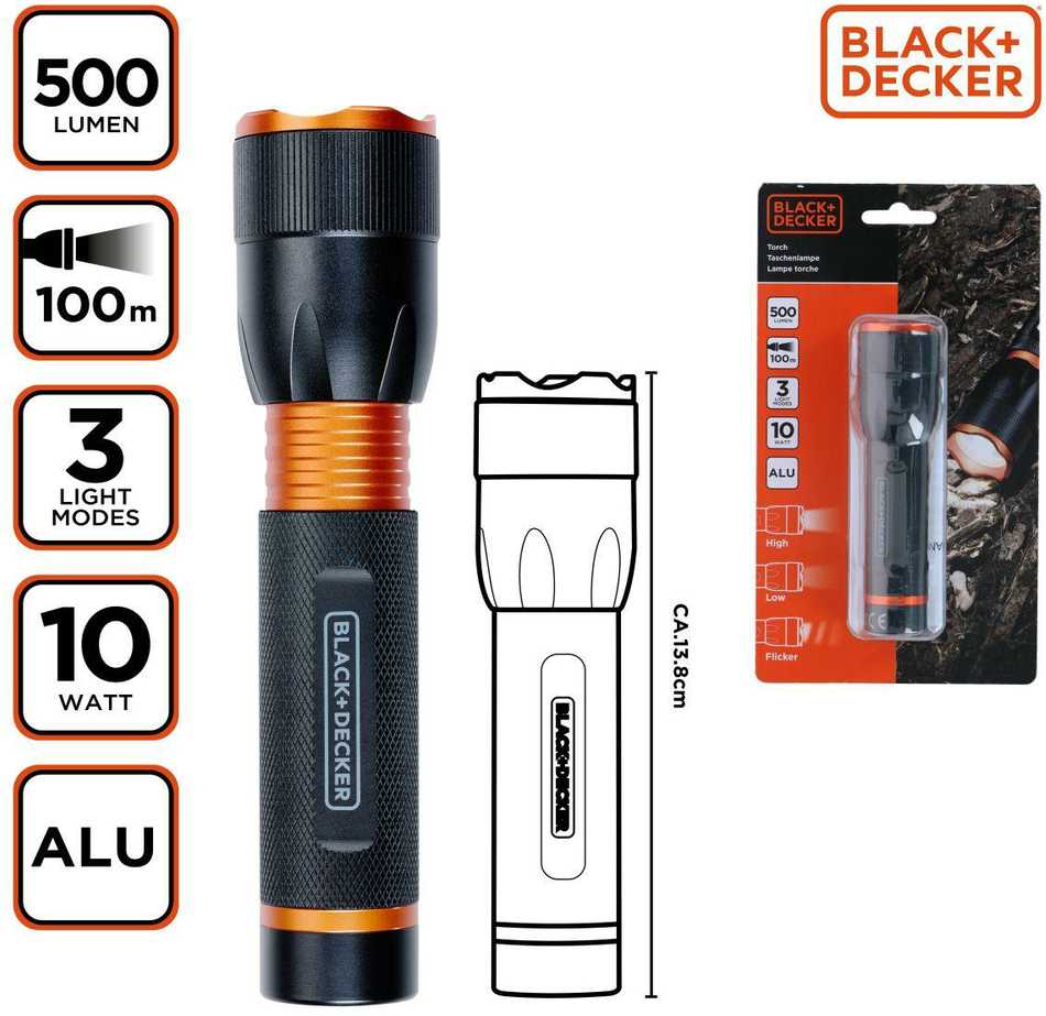 BLACK +  DECKER Juodas + DECKER LATARKA TAKTYCZNA aliumininės 10W 500LUMENÓW Juodas + DECKER