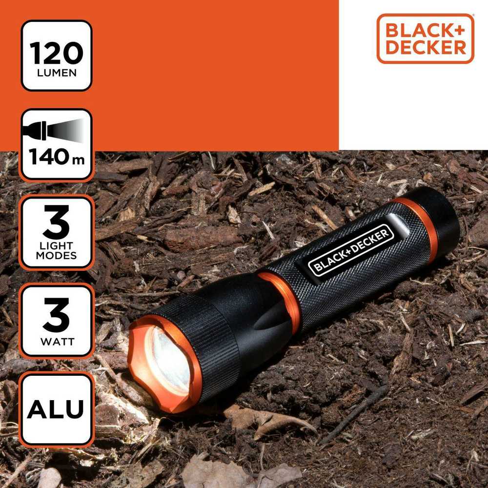 Black & Decker Juodas & Decker LATARKA TAKTYCZNA aliumininės 3W 120LUMENÓW Juodas + DECKER