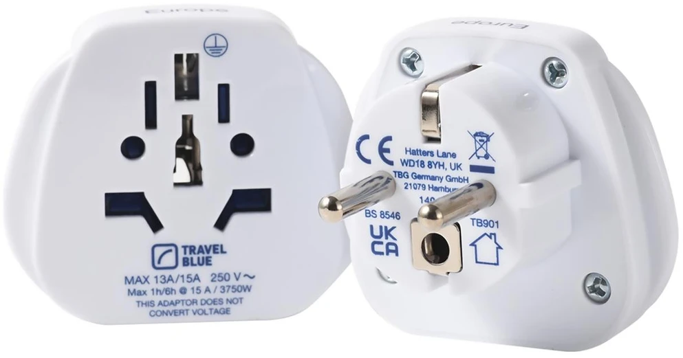 Blue Mėlyna TRAVEL Mėlynas KELIONIŲ ADAPTERIS UNIVERSALUS PASAULIUI -> SHUCKO 2 vnt.