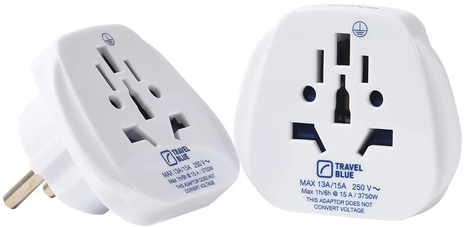 Blue Mėlyna TRAVEL Mėlynas KELIONIŲ ADAPTERIS UNIVERSALUS PASAULIUI -> SHUCKO 2 vnt.