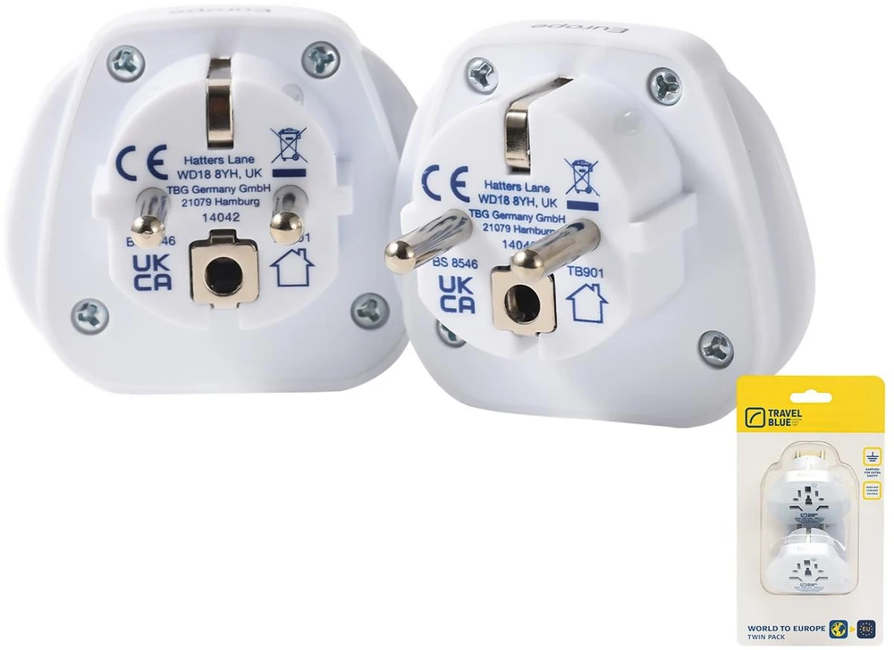Blue Mėlyna TRAVEL Mėlynas KELIONIŲ ADAPTERIS UNIVERSALUS PASAULIUI -> SHUCKO 2 vnt.