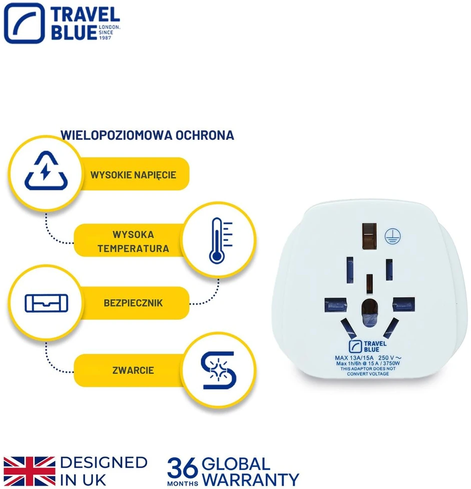 Brunner Mėlyna TRAVEL Mėlynas PRZEJŚCIÓWKA ADAPTER UNIWERSALNA ŚWIAT -> SHUCKO