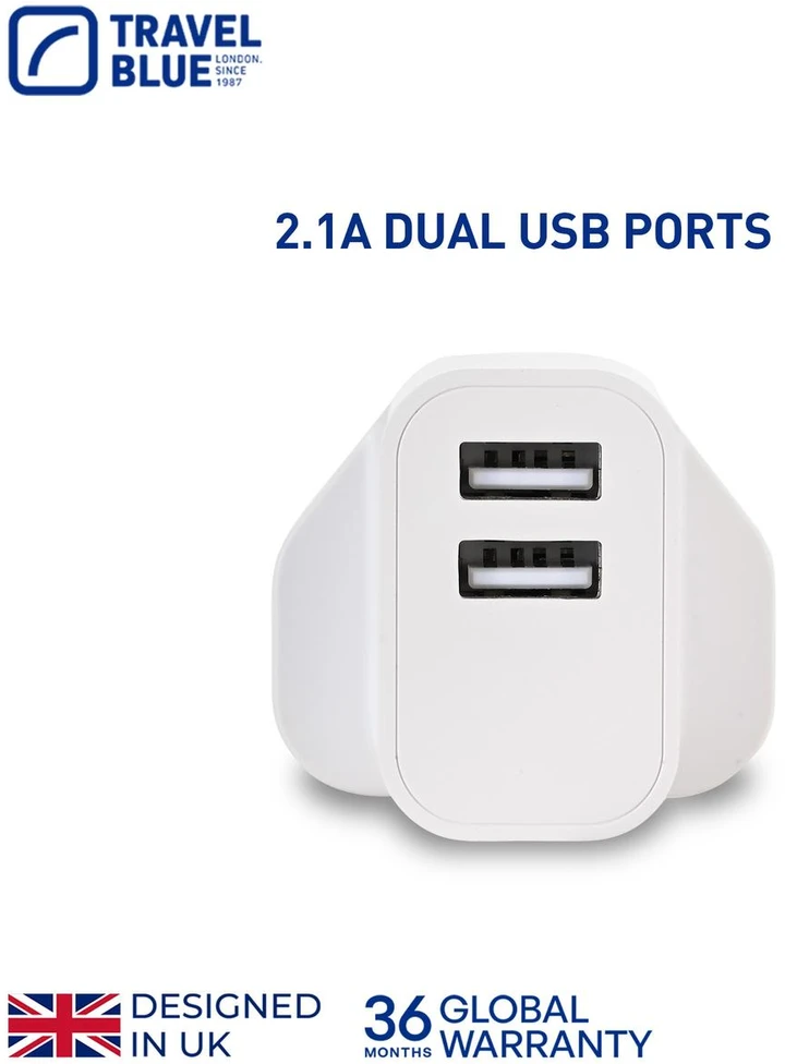 Blue TRAVEL Mėlynas TINKLO ĮKROVIKLIS 2 USB UK
