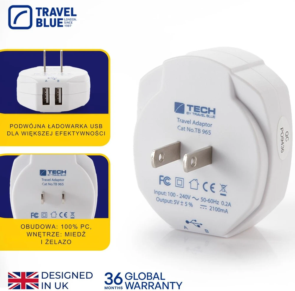 Blue TRAVEL Mėlynas TINKLO ĮKROVIKLIS 2 USB - JAV