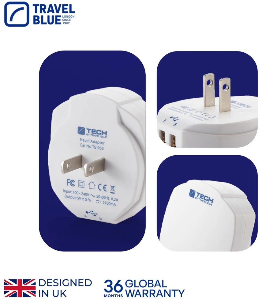 Blue TRAVEL Mėlynas TINKLO ĮKROVIKLIS 2 USB - JAV