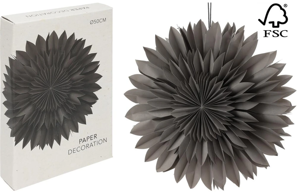 Mondex Popierinė 3D dekoratyvinė žvaigždė 50 cm pilka