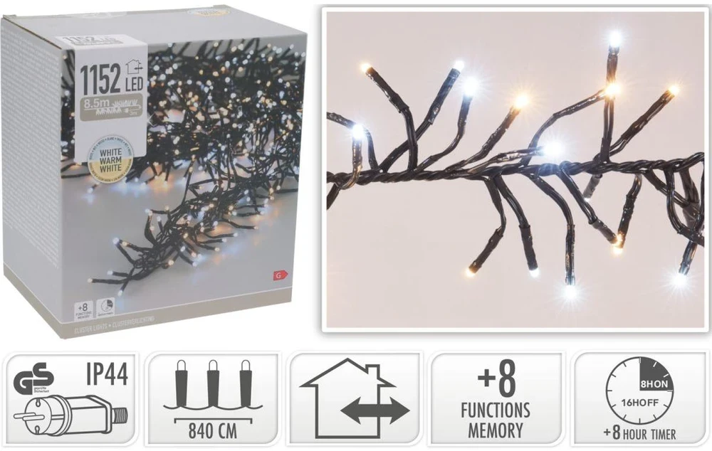 Christmas Decoration KALĖDINĖS LEMBUTĖS GRANDINĖS ŠVIESOS 1152 LED LAIKMATIS ŠALTAS IR ŠILTAS Baltas