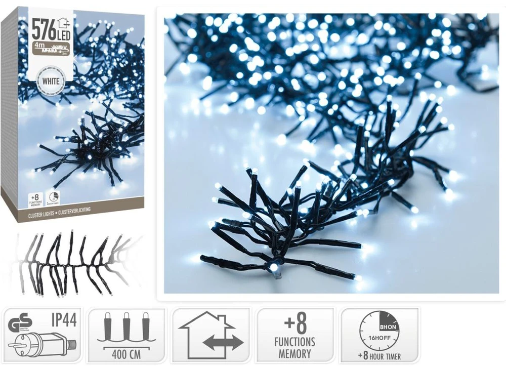 Christmas Decoration KALĖDINĖS LENGVOS GRANDINĖS 576 LED LAIKMATIS COLD Baltas