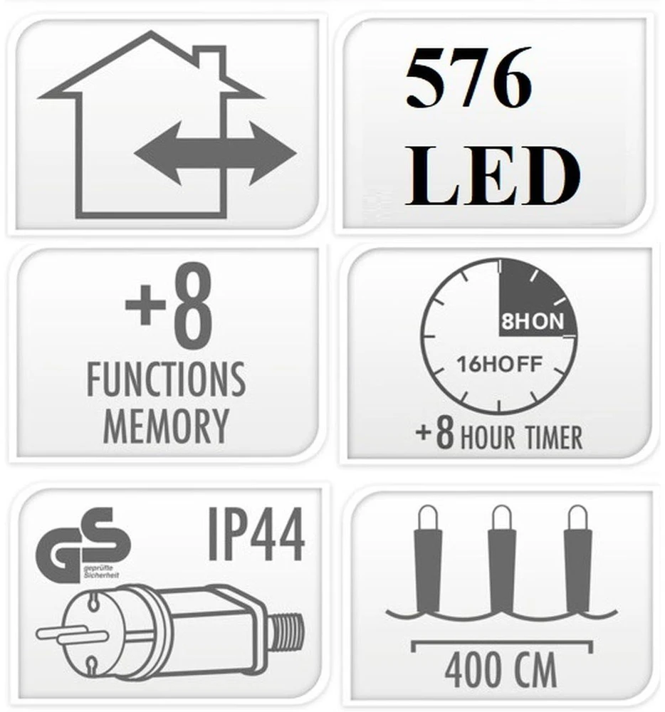 Christmas Decoration KALĖDINĖS LENGVOS GRANDINĖS 576 LED LAIKMATIS COLD Baltas