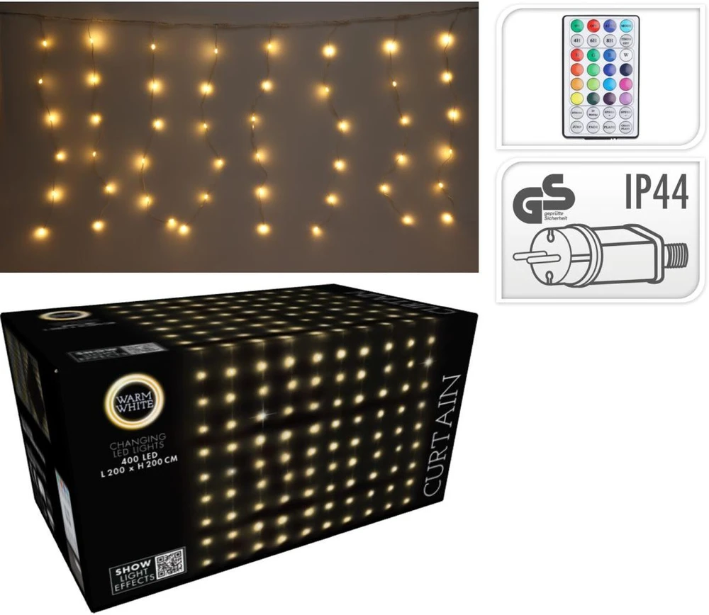 Christmas Decoration Kalėdinės eglutės girlianda – šviestuvas-uždanga laukui/vidui 400 LED WW 200x200 cm su nuotolinio valdymo pulteliu, šiltai balta