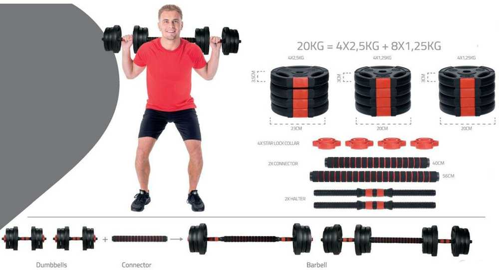 Sulankiojamas kompozitinis štangos ir hantelių rinkinys 20 kg Pure 2 Improve