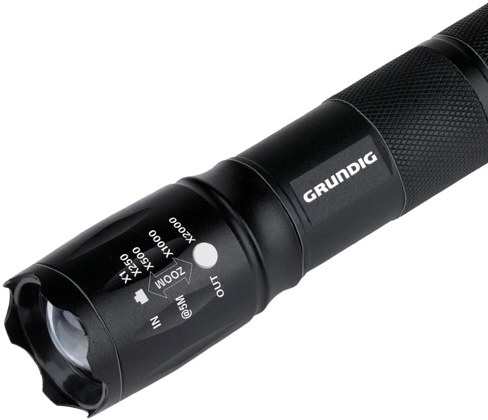 LATARKA TAKTYCZNA LED GRUNDIG MEGALIGHT 80LM ZOOM 5 TRYBÓW 200M aliumininės