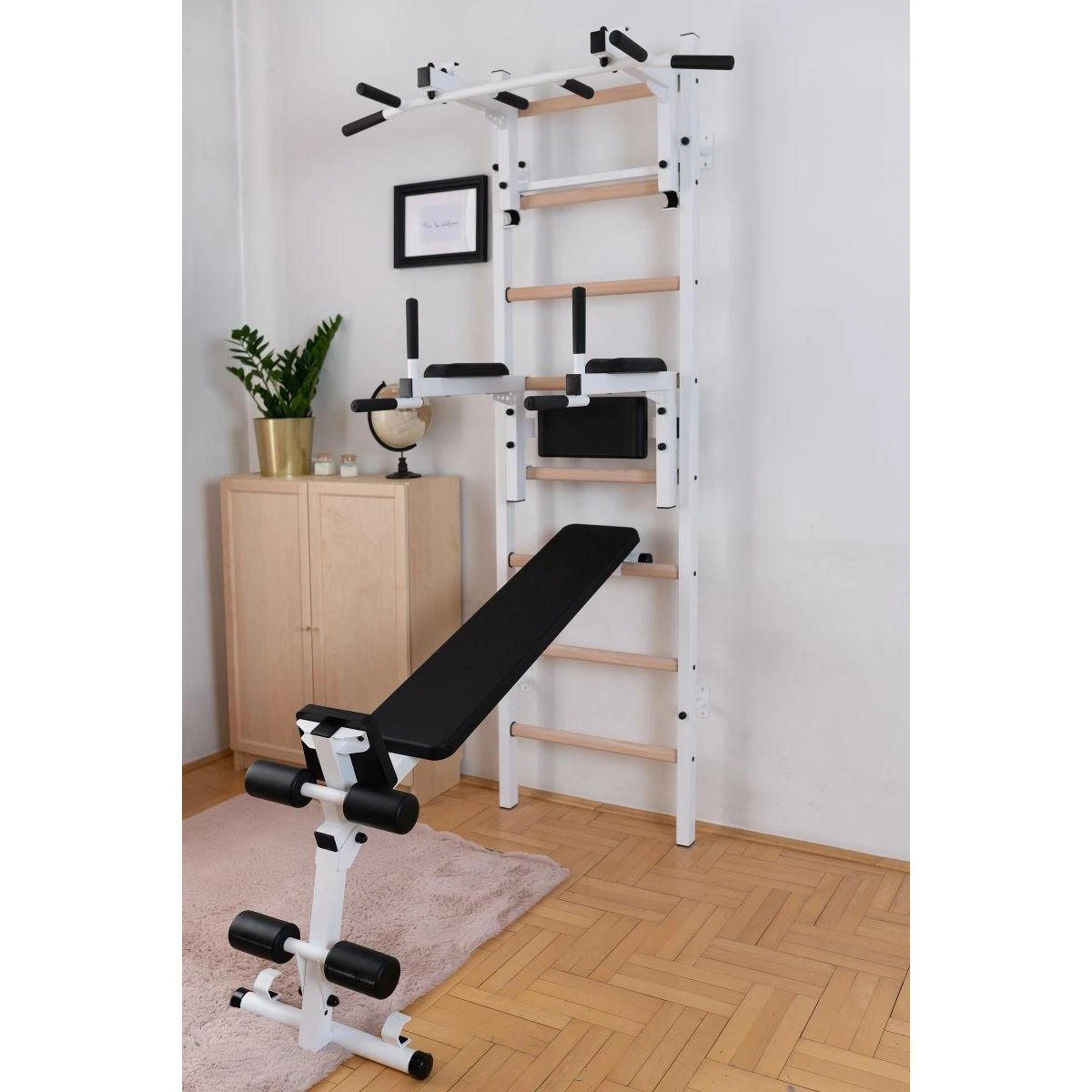 Benchk Medinė ir metalinė gimnastikos kopėčios su suoleliu