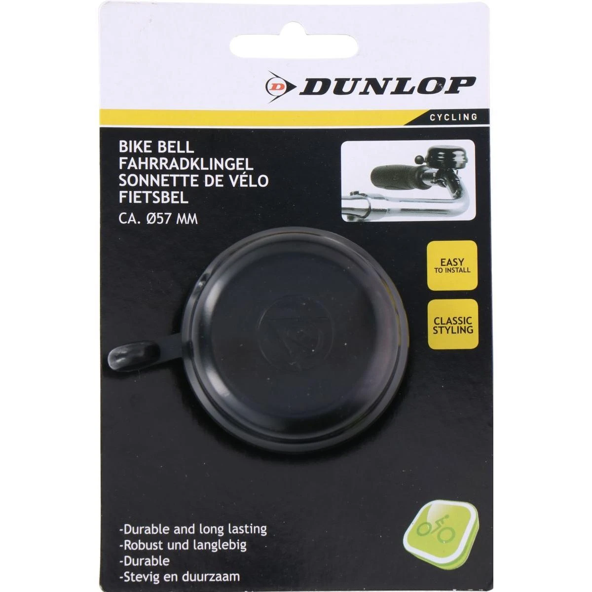 juodas dviratininko skambutis dunlop 57 mm